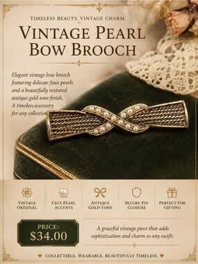 Vintage Faux Pearl Bow Brooch – Antique Gold Tone Statement Pin